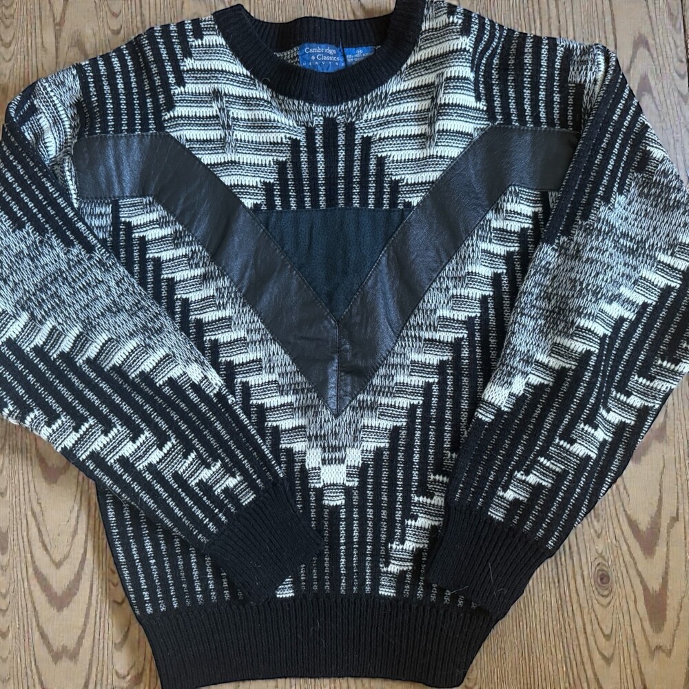 Cambridge Classics Mervyn's Vintage Geometric Knit Sweater Leather Trim V-Design